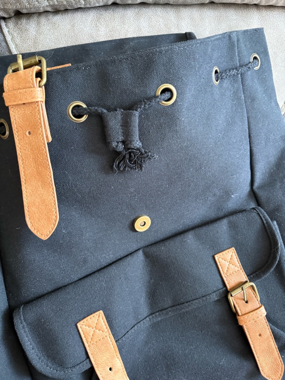 DSW Black Canvas Backpack with Tan Leather Accents - Picture 4 of 6